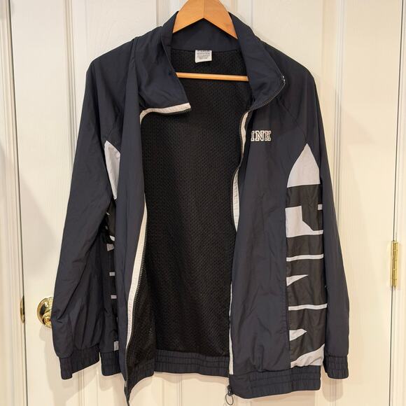 Victoria’s Secret PINK Blue White Colorblock Logo Sleeve Run Windbreaker Jacket - Picture 5 of 8